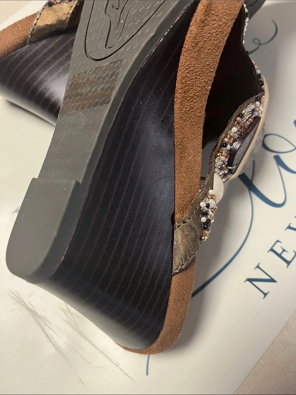 White Mountain Brown Beaded Thong Sandals with White Stone Accents
